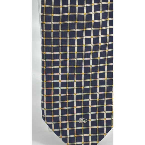 Burberrys Mens Silk Tie Navy Blue Gold Grid Check Prorsum Knight Logo Vintage - Picture 2 of 4